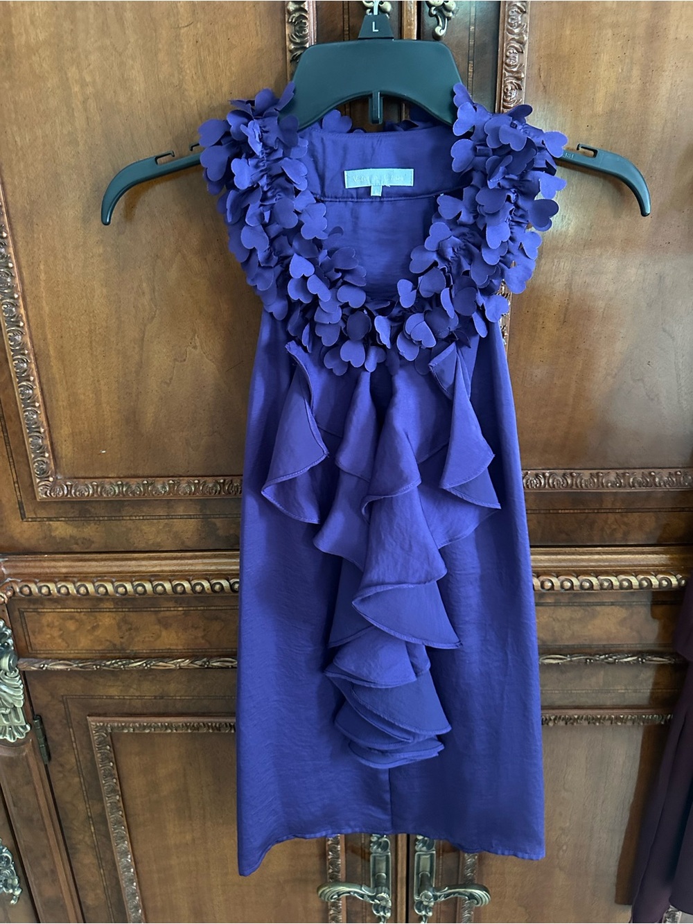 Violet & Claire Purple Ruffle Sleeveless Blouse with Floral Neck